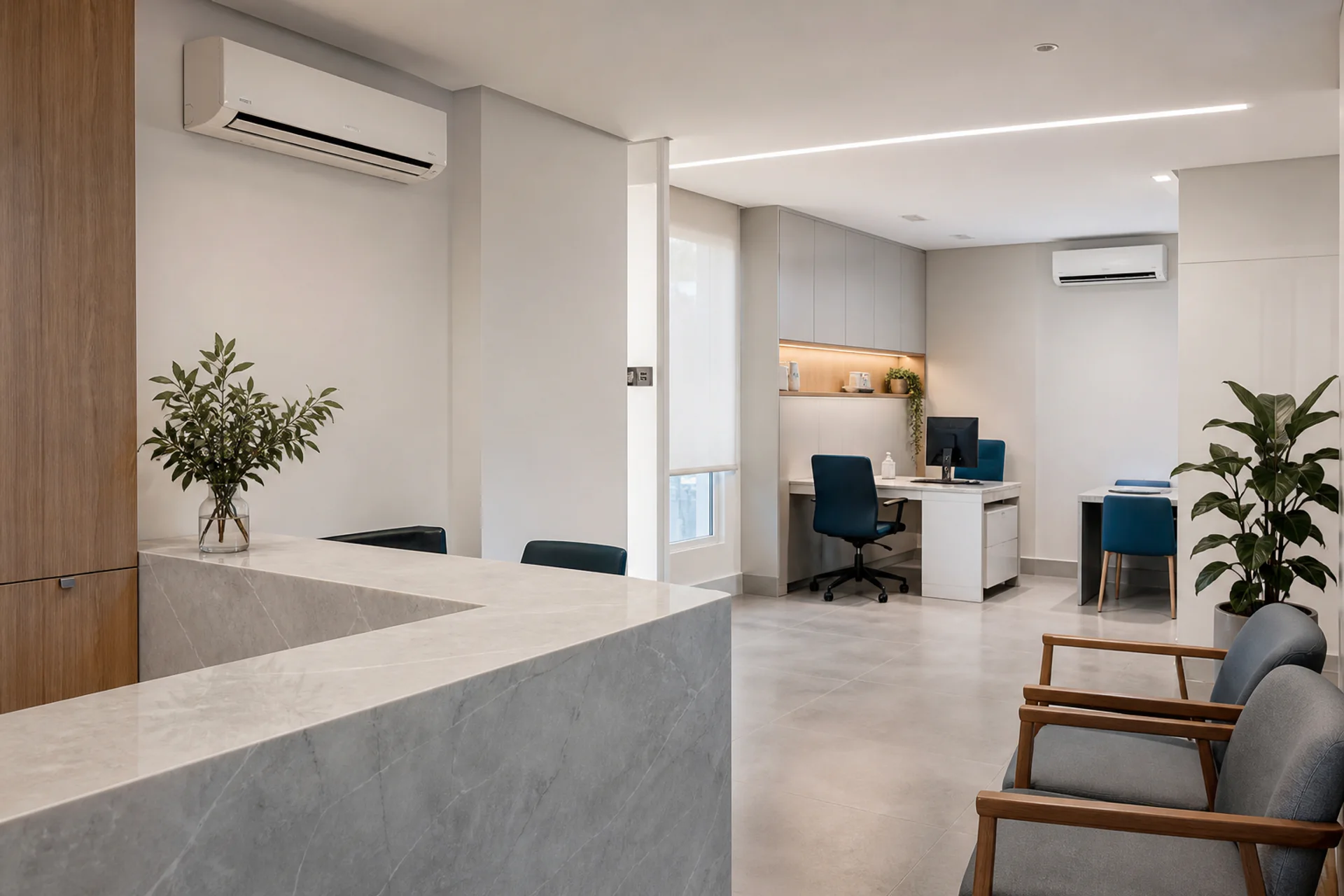 Ambiente empresarial fictício com unidades split, imagem gerada para demonstrar aplicações comerciais.